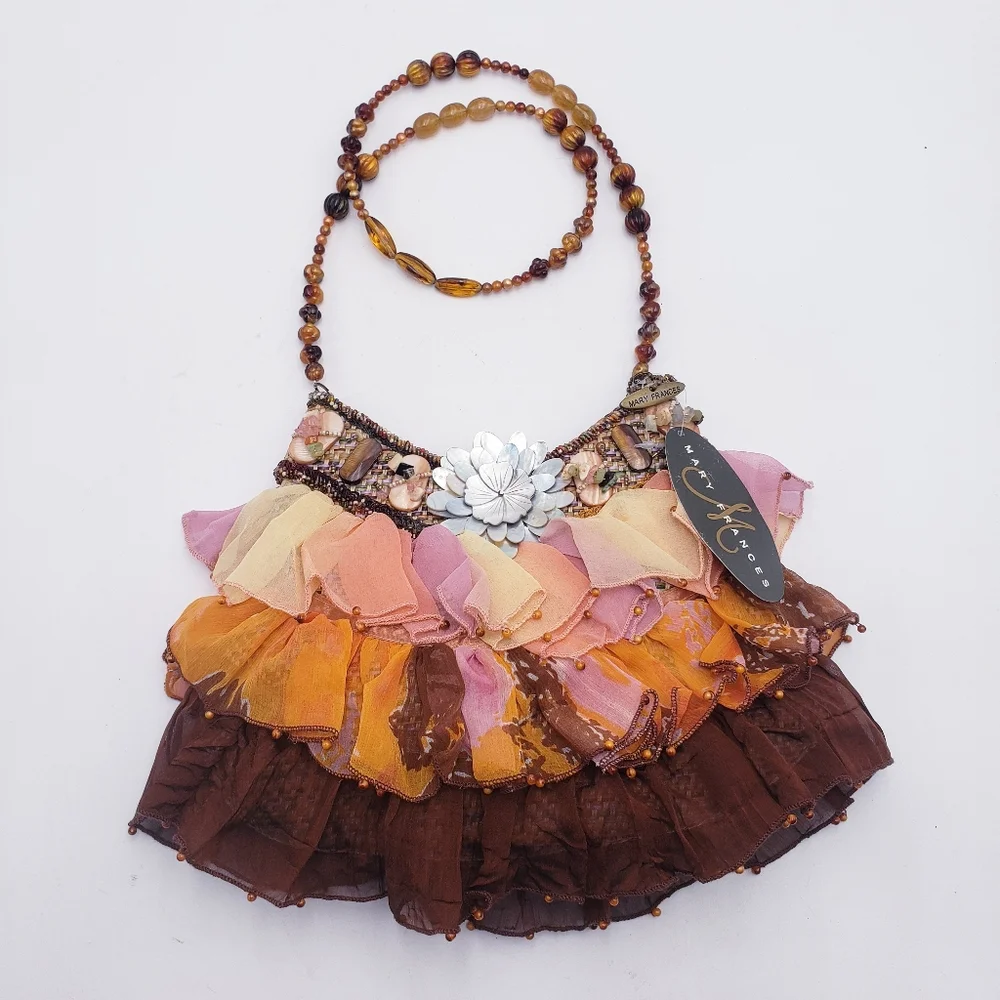 Mary Frances Beaded Tulle Ruffle Wicker Shoulder Bag‎ Mother of Pearl Earthtones